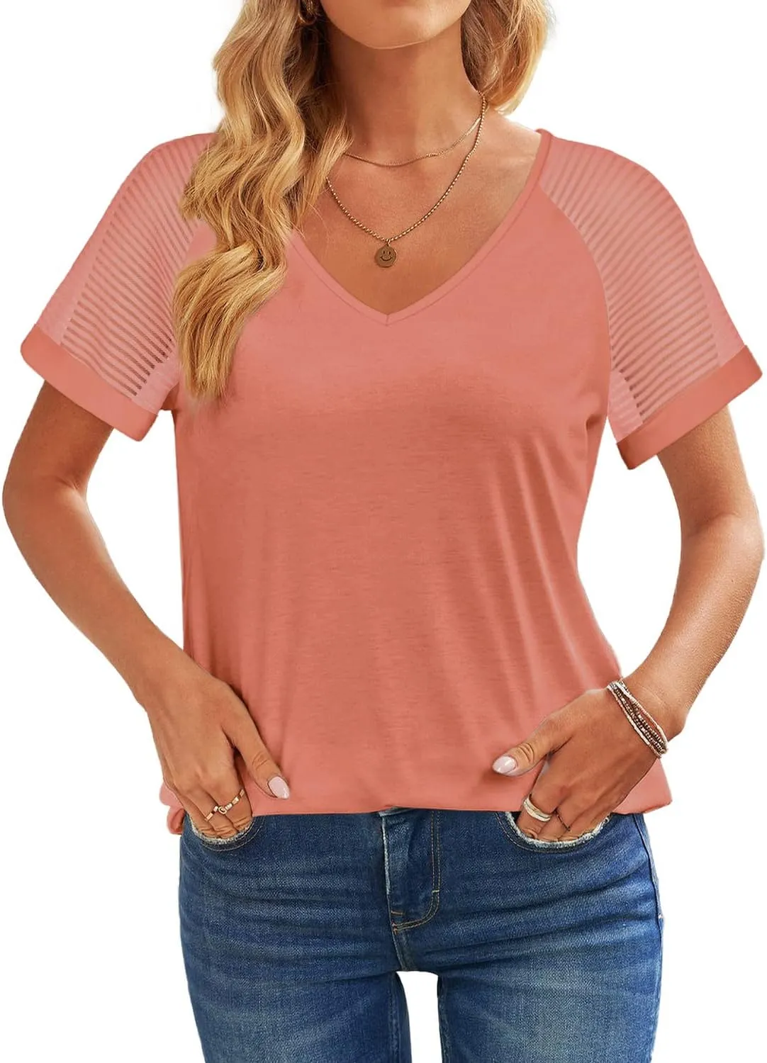 WEESO Casual T Shirts for Women V Neck Mesh Short Sleeve Summer Tops Loose Fit Dressy