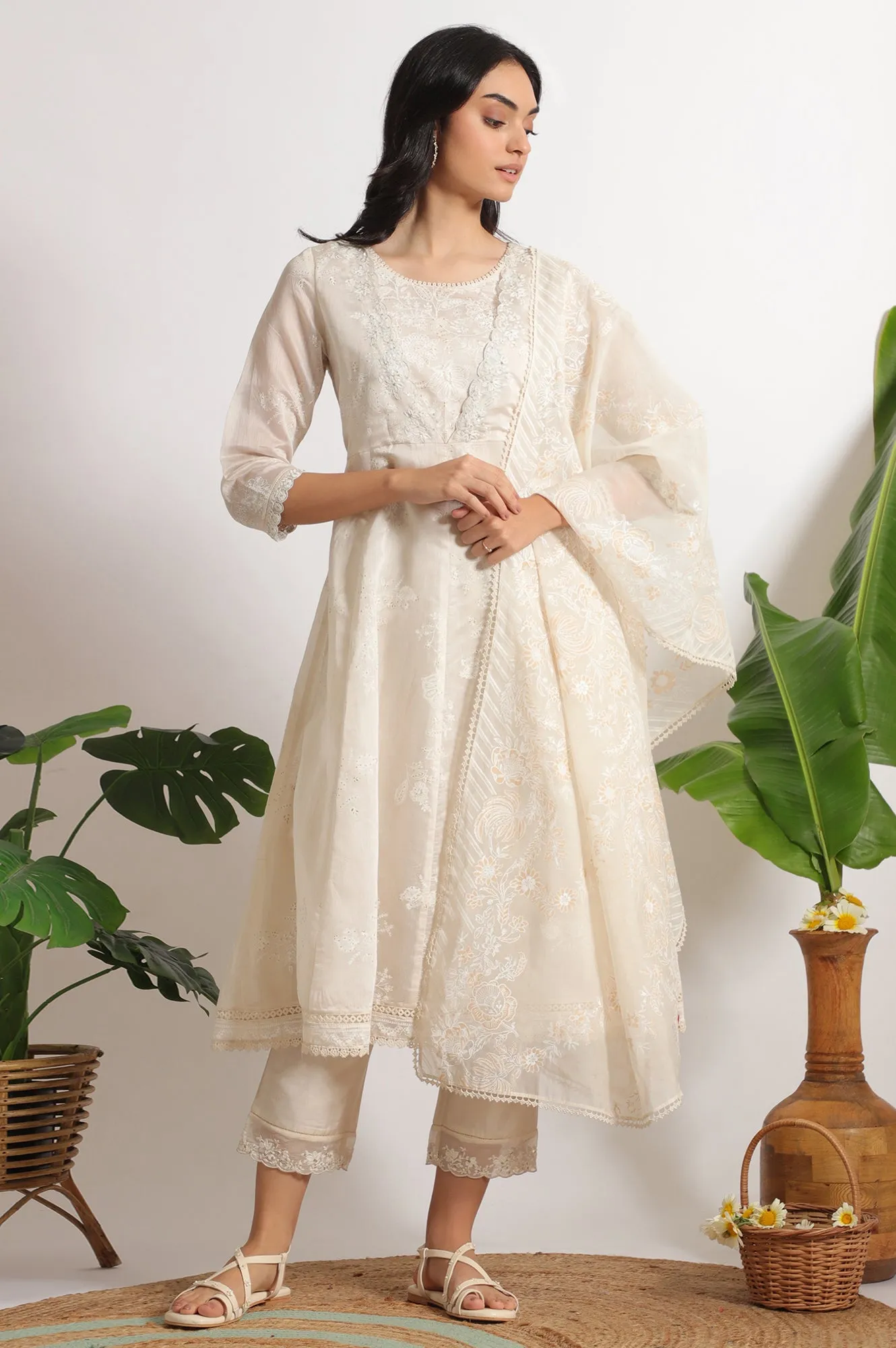 White Printed Mock Layered Flared Chanderi Kurta, Pants and Dupatta Set