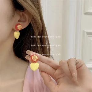 Wholesale candy color love earrings sweet and cute pink peach heart JDC-ES-Lfm015
