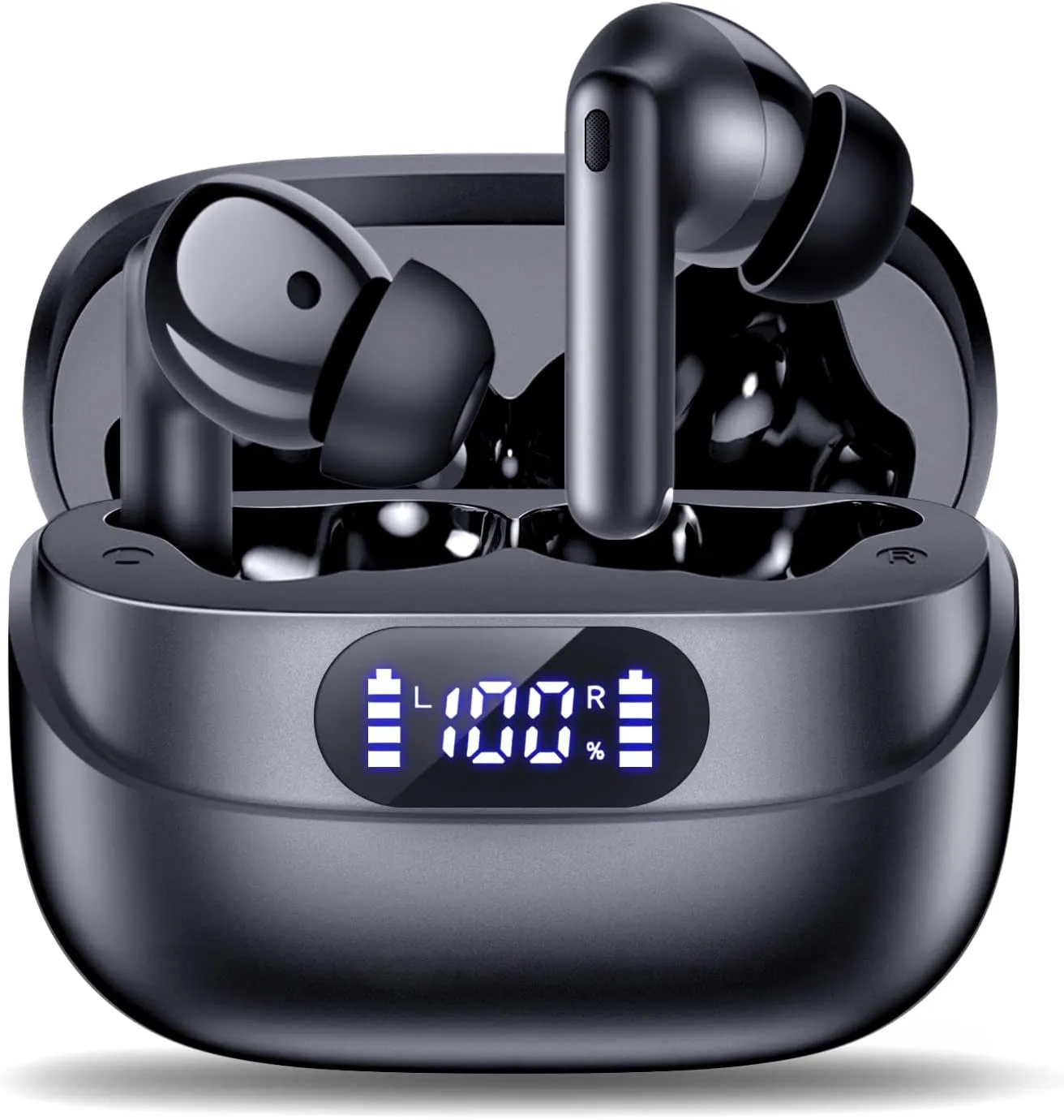 Wireless Earbuds, 42H Playtime Bluetooth 5.3 Headphones, HiFi Stereo Call Noise Cancelling Earbuds, IPX7 Waterproof Stereo in-Ear Earphones with LED Display for iOS Android (Black)