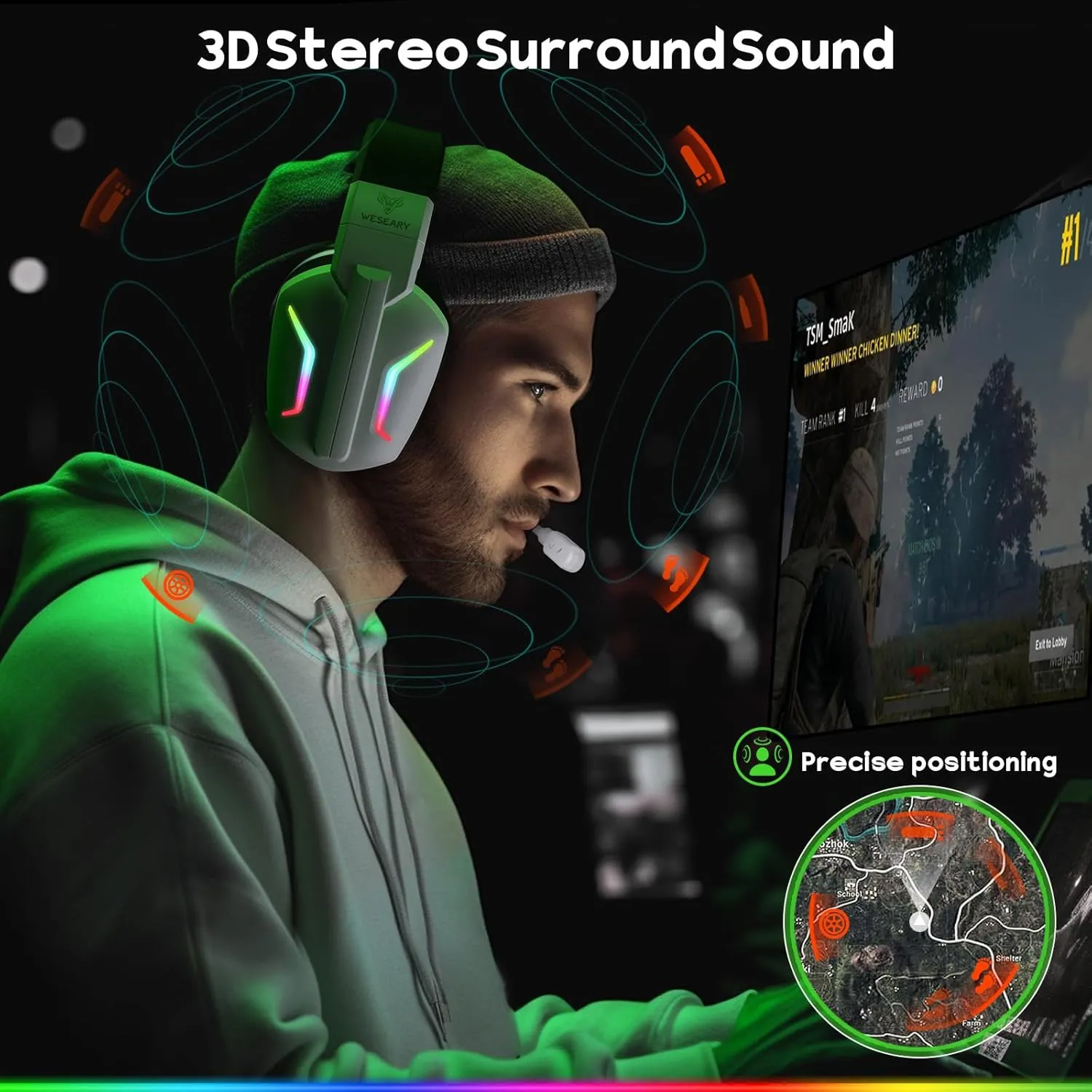 Wireless Gaming Headsets for PC, PS5, PS4, Switch, Mac, 2.4GHz Wireless Gaming Headphone with ENC Noise Canceling Microphone, Bluetooth 5.4, Cool Lighting, 50H Battery, 50mm Drivers