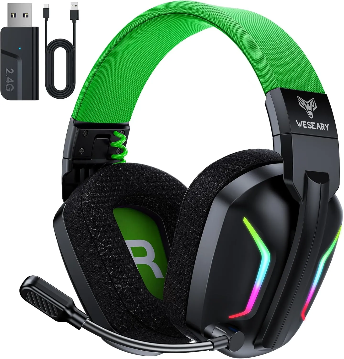 Wireless Gaming Headsets for PC, PS5, PS4, Switch, Mac, 2.4GHz Wireless Gaming Headphone with ENC Noise Canceling Microphone, Bluetooth 5.4, Cool Lighting, 50H Battery, 50mm Drivers