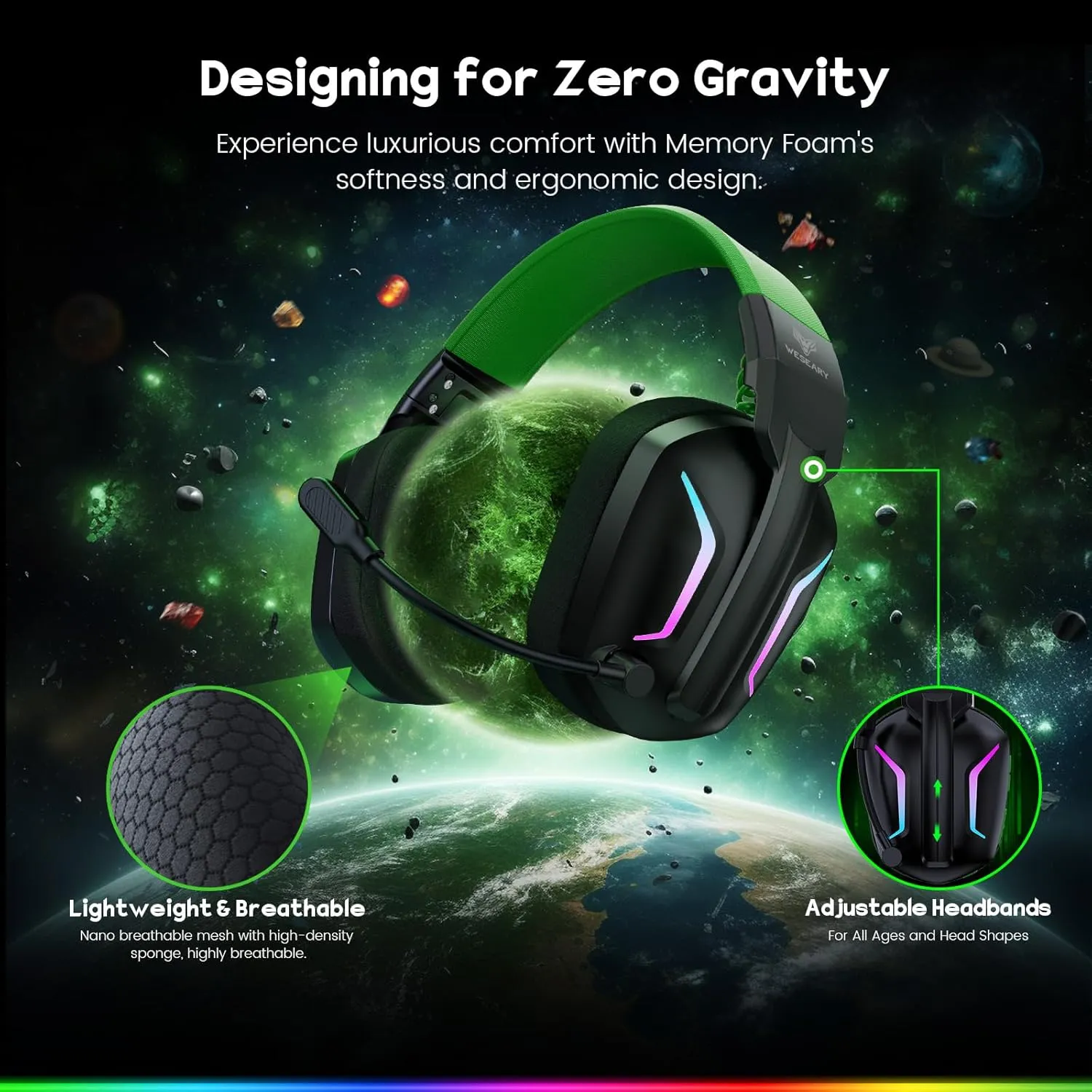 Wireless Gaming Headsets for PC, PS5, PS4, Switch, Mac, 2.4GHz Wireless Gaming Headphone with ENC Noise Canceling Microphone, Bluetooth 5.4, Cool Lighting, 50H Battery, 50mm Drivers