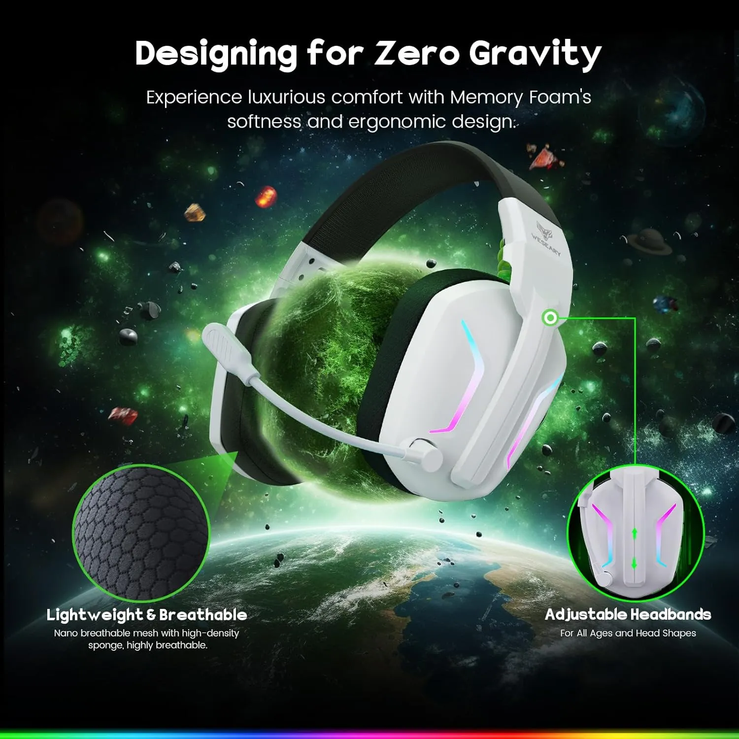 Wireless Gaming Headsets for PC, PS5, PS4, Switch, Mac, 2.4GHz Wireless Gaming Headphone with ENC Noise Canceling Microphone, Bluetooth 5.4, Cool Lighting, 50H Battery, 50mm Drivers