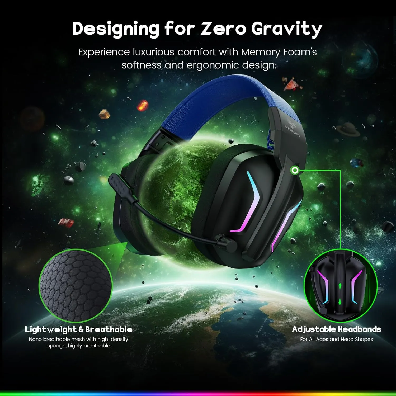 Wireless Gaming Headsets for PC, PS5, PS4, Switch, Mac, 2.4GHz Wireless Gaming Headphone with ENC Noise Canceling Microphone, Bluetooth 5.4, Cool Lighting, 50H Battery, 50mm Drivers