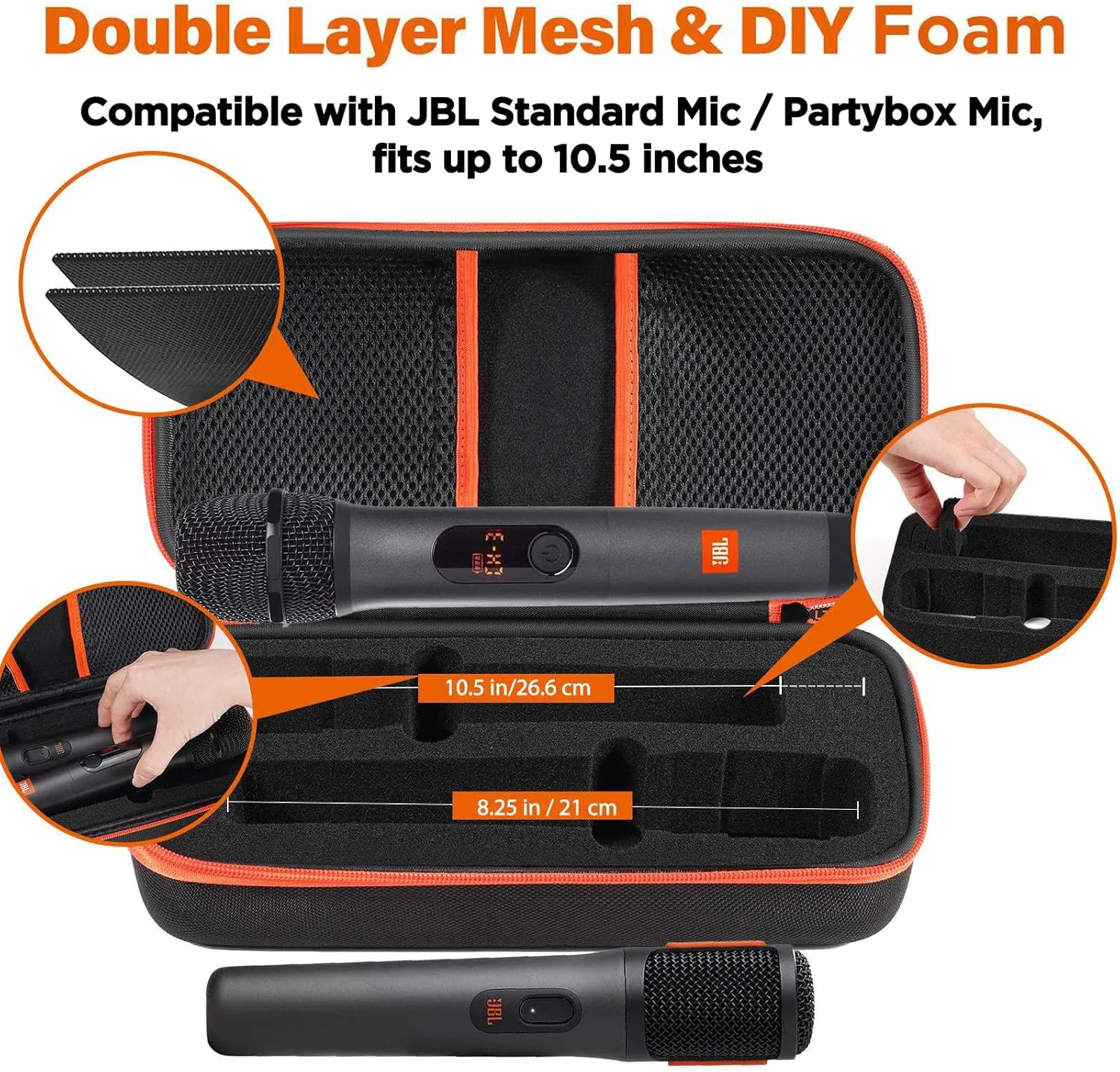 Wireless Microphone Case Compatible with JBL Wireless Two Microphone System, Pre-Cut Foam for Dual Handheld Partybox Mic, Travel Bag for Receiver, Batteries and Adapter, Karaoke - Black (Box ONLY)