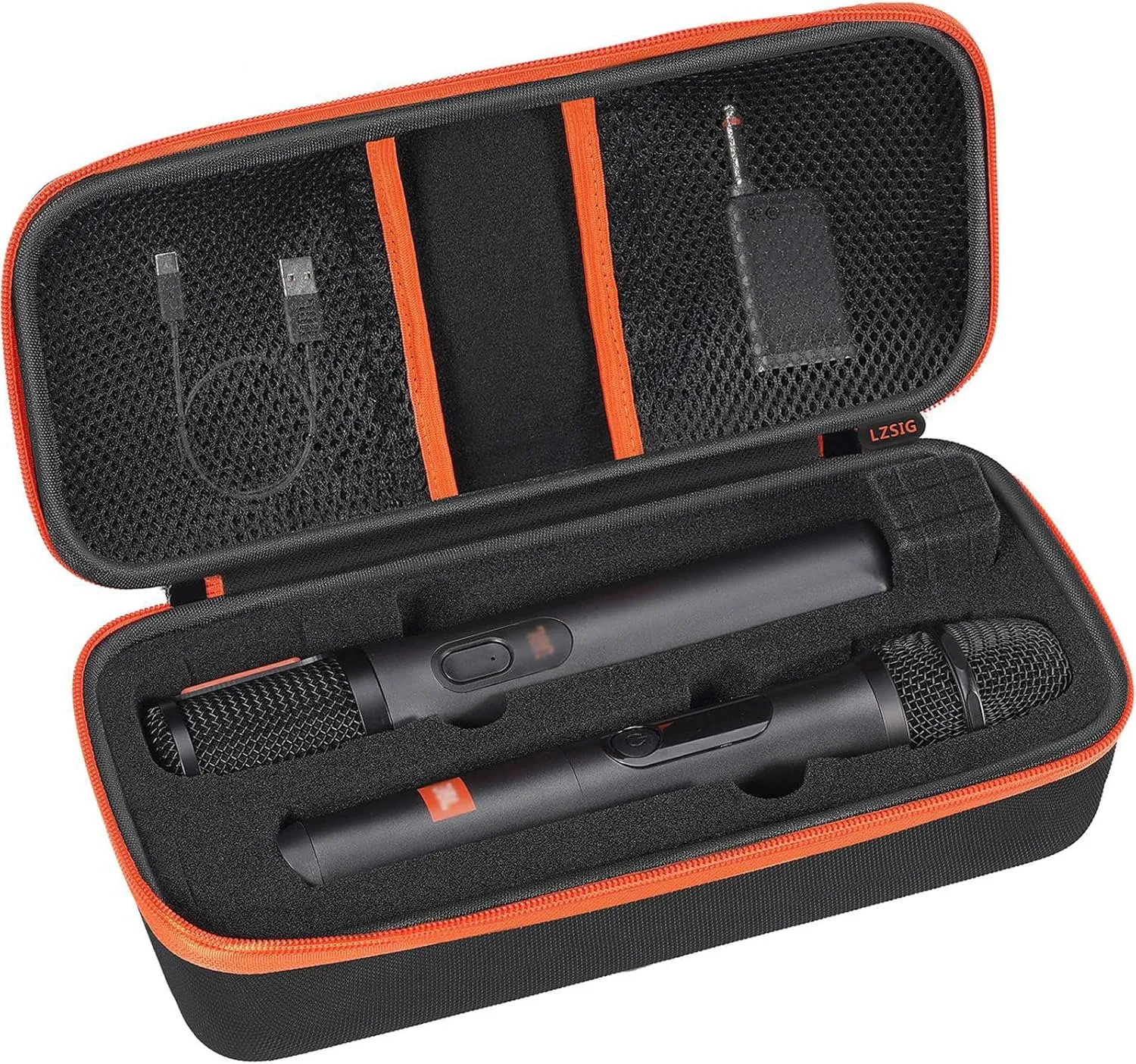 Wireless Microphone Case Compatible with JBL Wireless Two Microphone System, Pre-Cut Foam for Dual Handheld Partybox Mic, Travel Bag for Receiver, Batteries and Adapter, Karaoke - Black (Box ONLY)