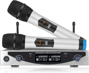 Wireless Microphone System UHF Metal Wireless Mic Set Cordless Metal Handheld Dynamic Mic Adjustable Frequency, 160ft Range. Ideal for Singing, Karaoke, Church, DJ, and Live Performances