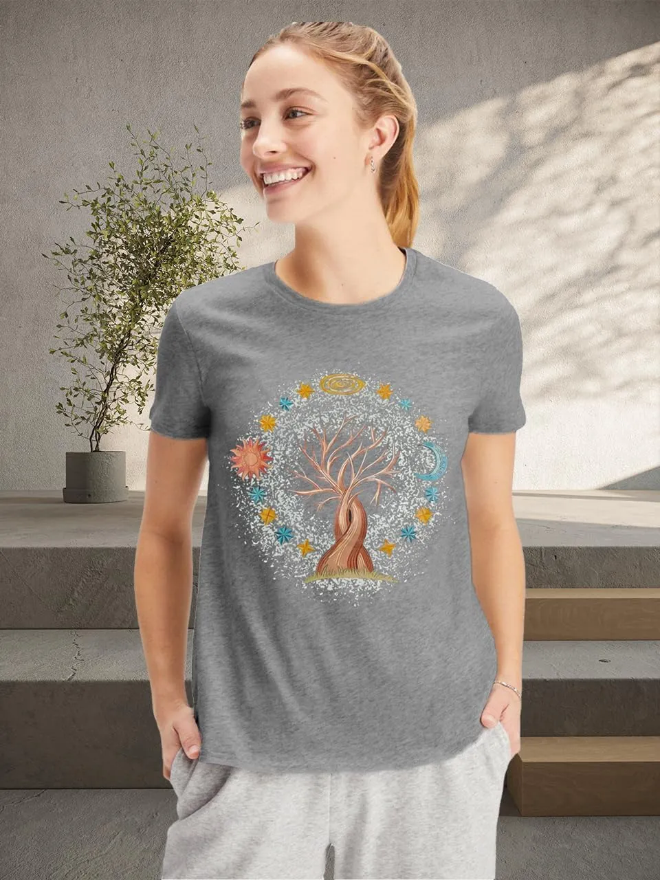 Women Life Tree Shirts Vintage Boho Graphic Tees Natural Print Short Sleeve Summer Tops