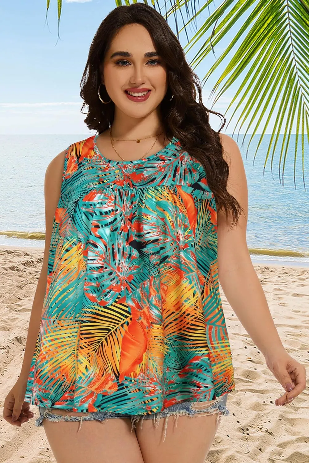 Women Plus Size Tank Top Casual Summer Tops Loose Fit Sleeveless T Shirts Trendy Crewneck Tunic Tees