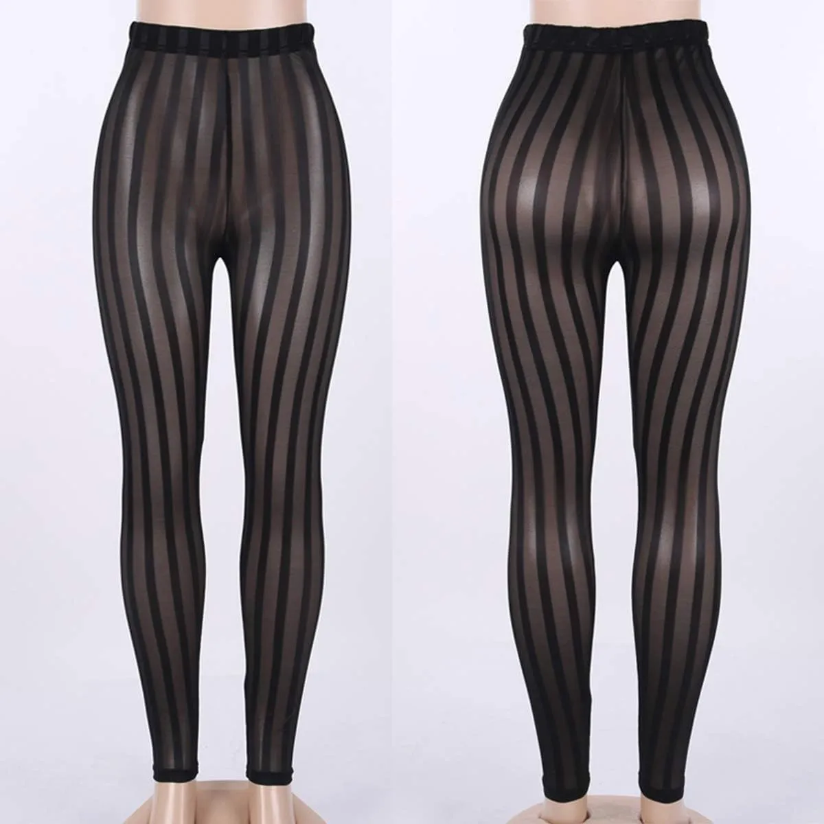 Women Striped Sheer Mesh See Through Long Pants High Waist Slim Fit Leggings Swimsuit Cover Ups Clubwear