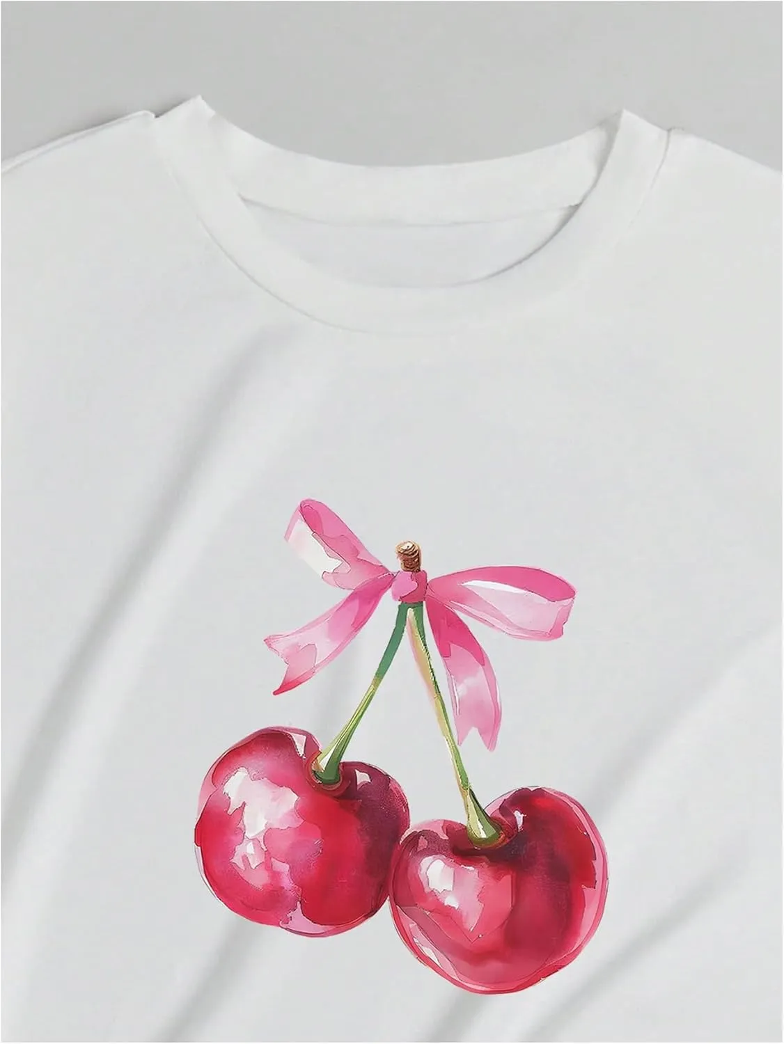 Women's Casual Cherry Bow Tees Graphic Letter Print Round Neck T Shirt Summer Short Sleeve Trendy Tops