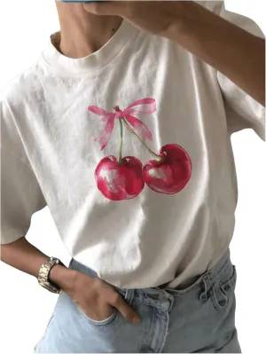 Women's Casual Cherry Bow Tees Graphic Letter Print Round Neck T Shirt Summer Short Sleeve Trendy Tops