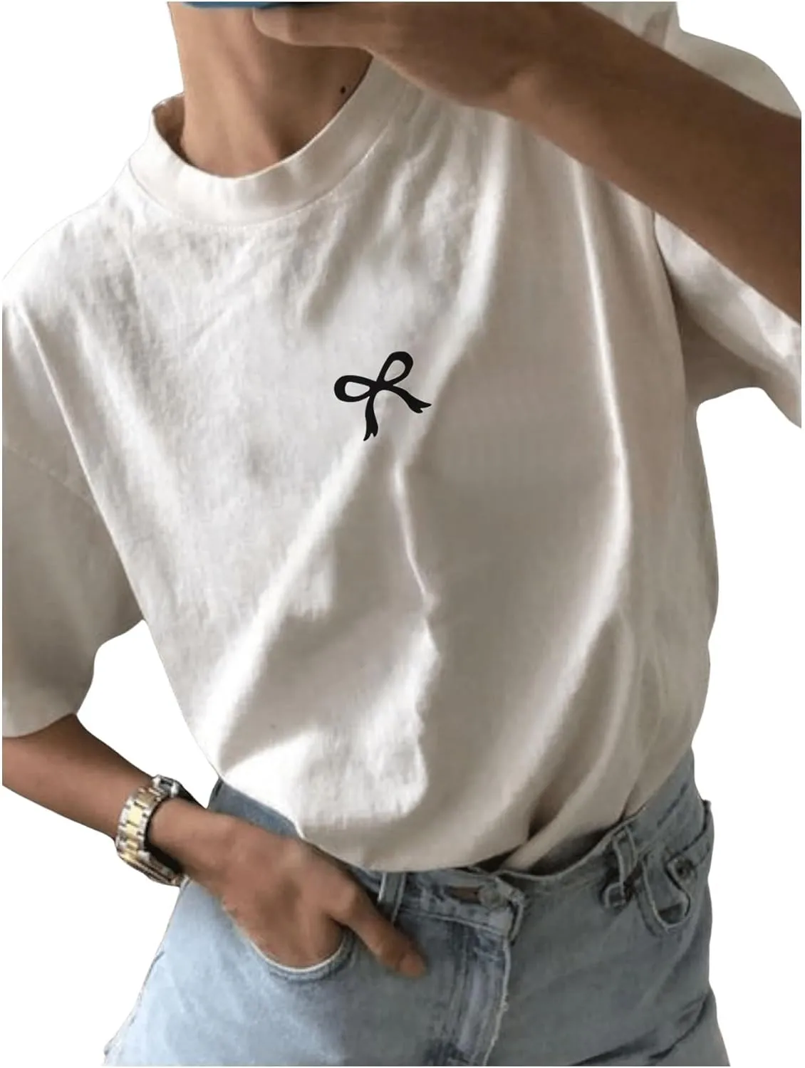 Women's Casual Cherry Bow Tees Graphic Letter Print Round Neck T Shirt Summer Short Sleeve Trendy Tops
