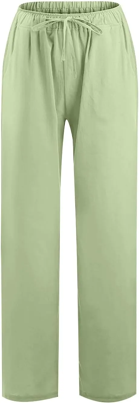 Womens Casual Pants Wide Leg Linen Trousers High Waist Loose Fit Lightweight Summer Beach Pockets Comfortable