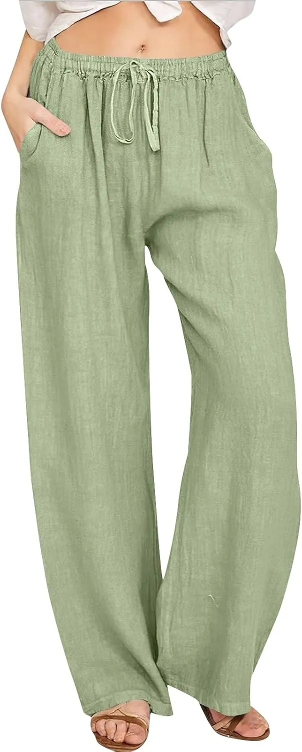 Womens Casual Pants Wide Leg Linen Trousers High Waist Loose Fit Lightweight Summer Beach Pockets Comfortable