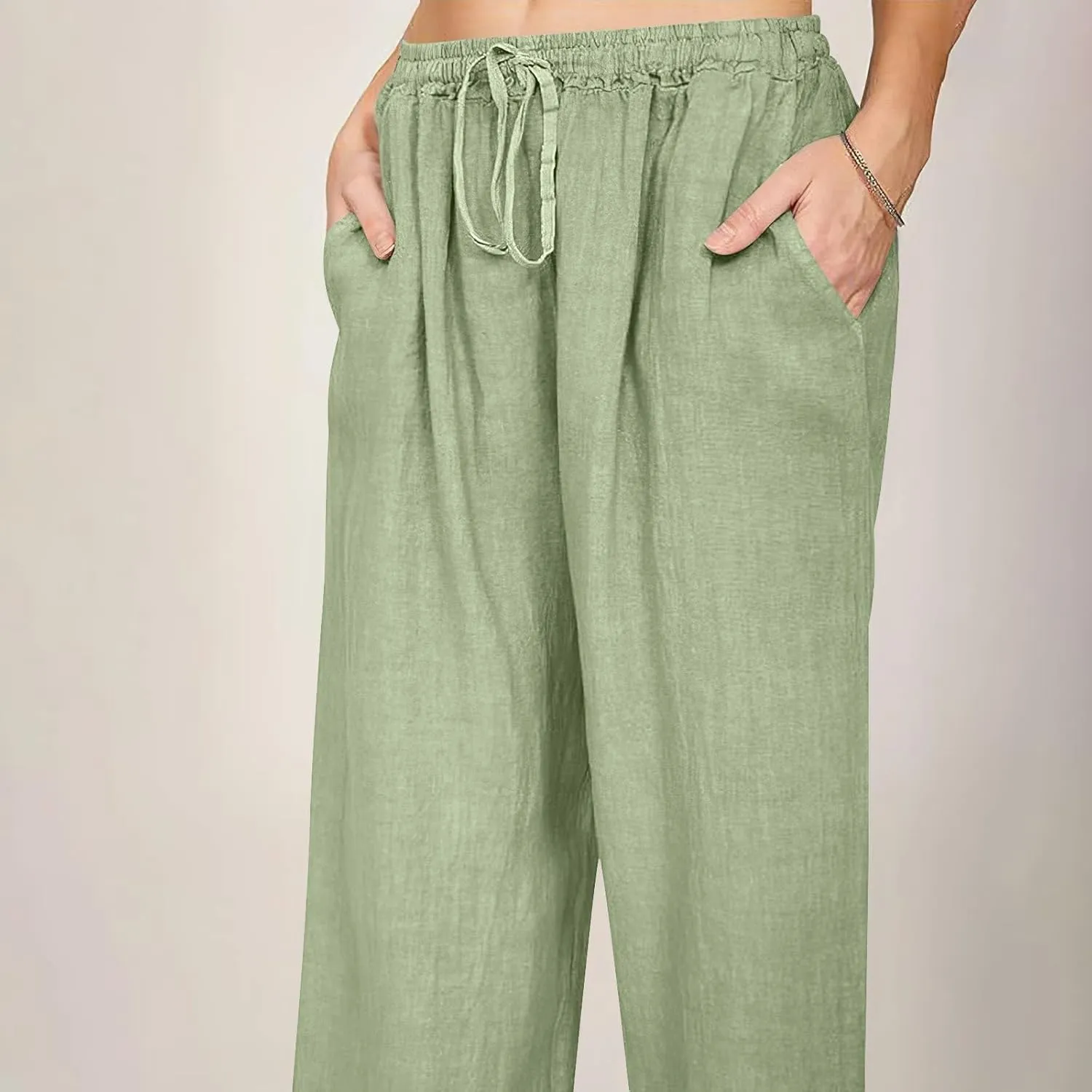 Womens Casual Pants Wide Leg Linen Trousers High Waist Loose Fit Lightweight Summer Beach Pockets Comfortable