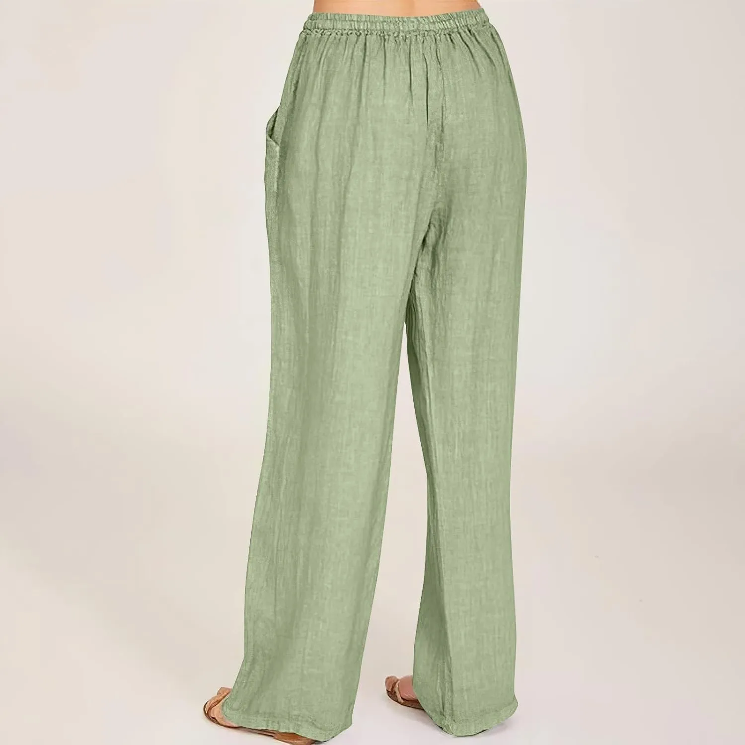 Womens Casual Pants Wide Leg Linen Trousers High Waist Loose Fit Lightweight Summer Beach Pockets Comfortable