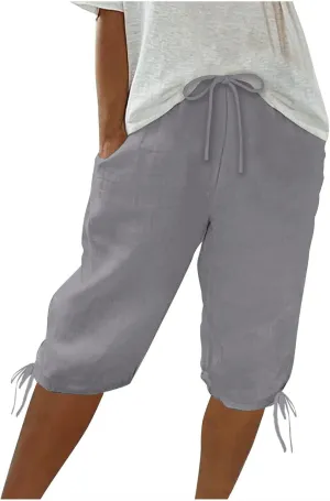 Women's Casual Shorts Linen Pants with Drawstring Waist Bermuda Comfortable Loose Fit Summer Trousers Stylish Bottoms