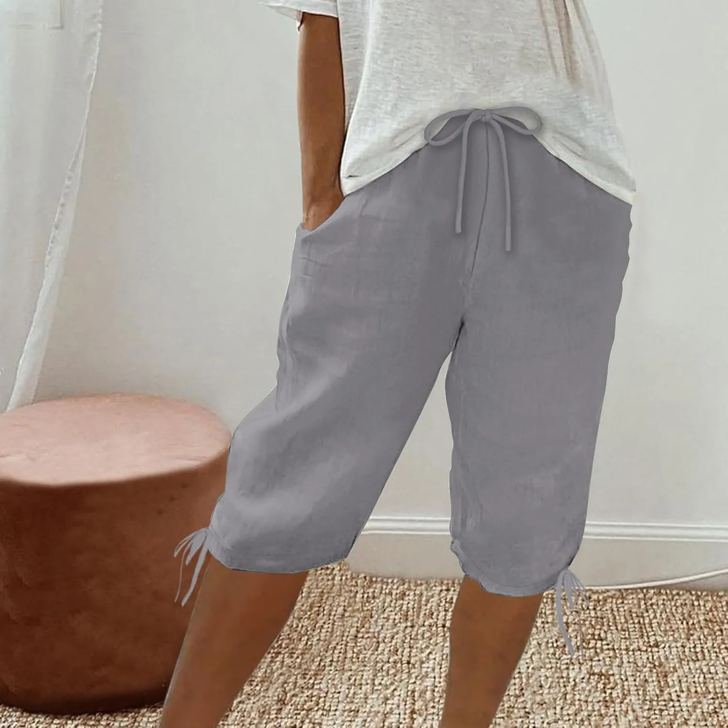 Women's Casual Shorts Linen Pants with Drawstring Waist Bermuda Comfortable Loose Fit Summer Trousers Stylish Bottoms