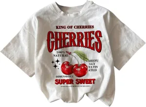 Women's Cherry Leopard T Shirts Crew Neck Short Sleeve Graphic Tees Slim Fit Crop Tops