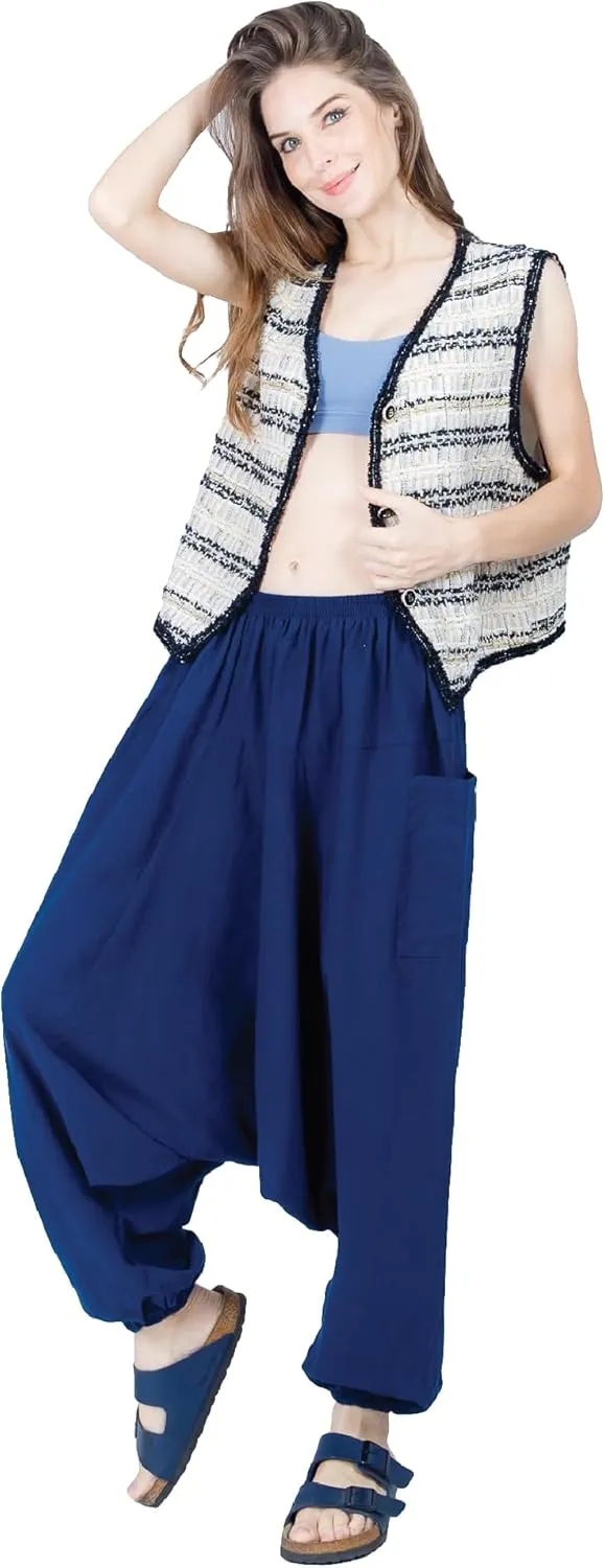 Women's Cotton Harem Pants with Pockets - Casual Elastic Waist Boho Pants, Soft Comfortable Travel & Daily Wear