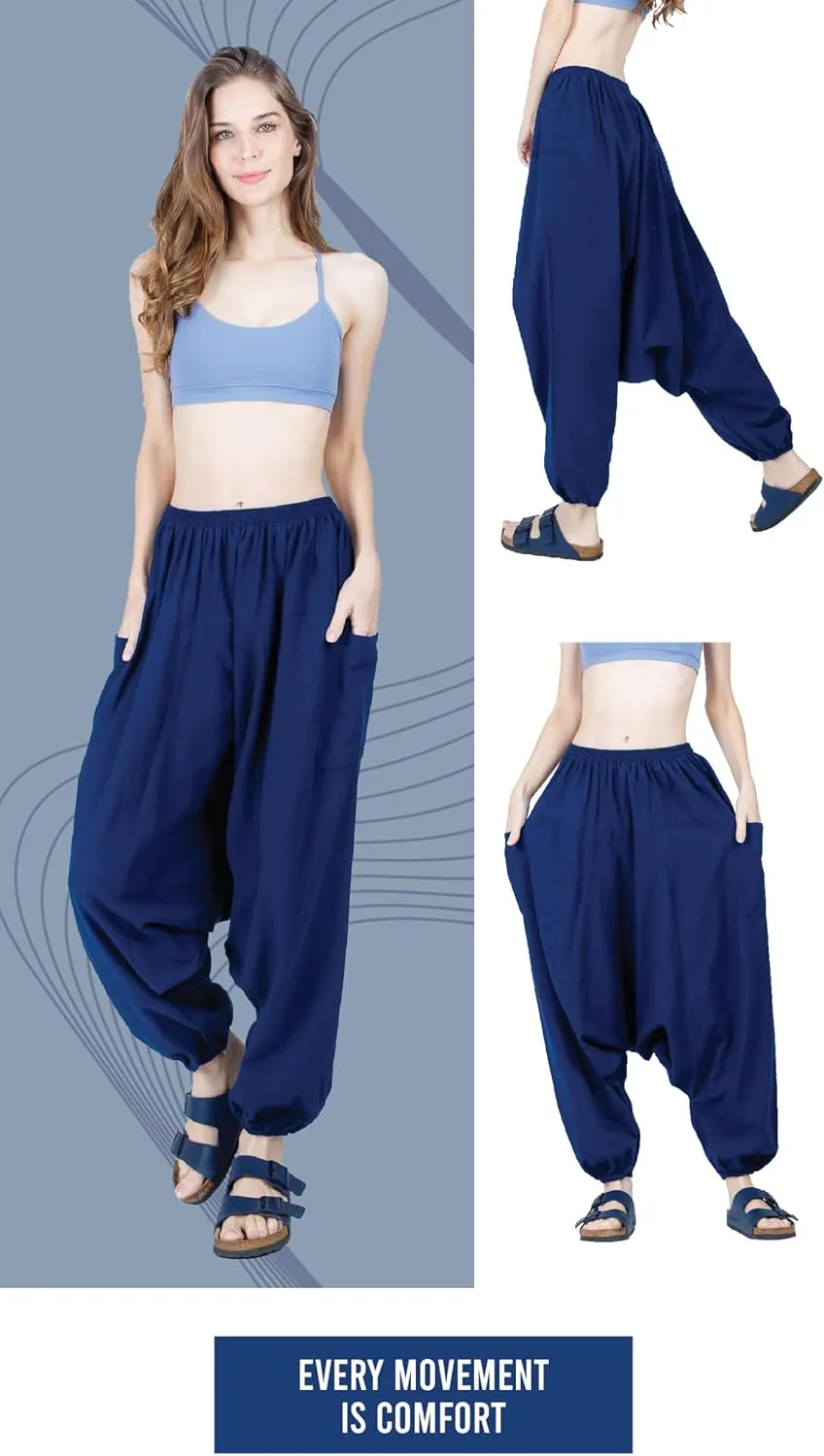 Women's Cotton Harem Pants with Pockets - Casual Elastic Waist Boho Pants, Soft Comfortable Travel & Daily Wear