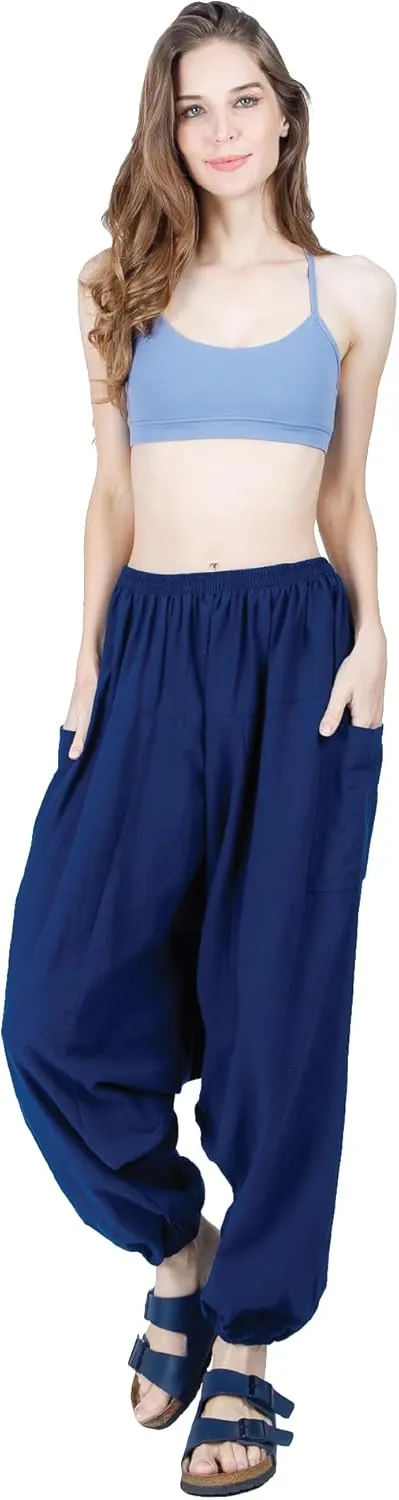 Women's Cotton Harem Pants with Pockets - Casual Elastic Waist Boho Pants, Soft Comfortable Travel & Daily Wear