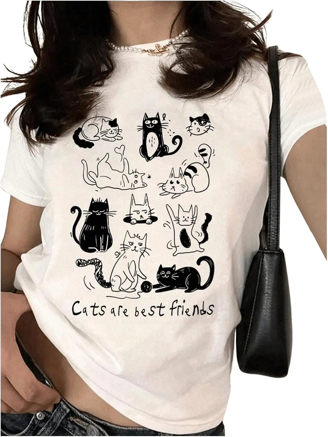 Women's Graphic Vintage Tees Cat Letter Print Round Neck T Shirt Casual Summer Short Sleeve Trendy Tops