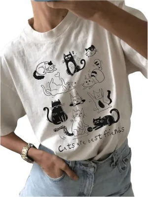 Women's Graphic Vintage Tees Cat Letter Print Round Neck T Shirt Casual Summer Short Sleeve Trendy Tops