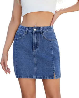 Women's Jean Skirt Summer High Waisted Slit Mini Skirt Y2K Trendy Denim Skorts Skirts with Pockets