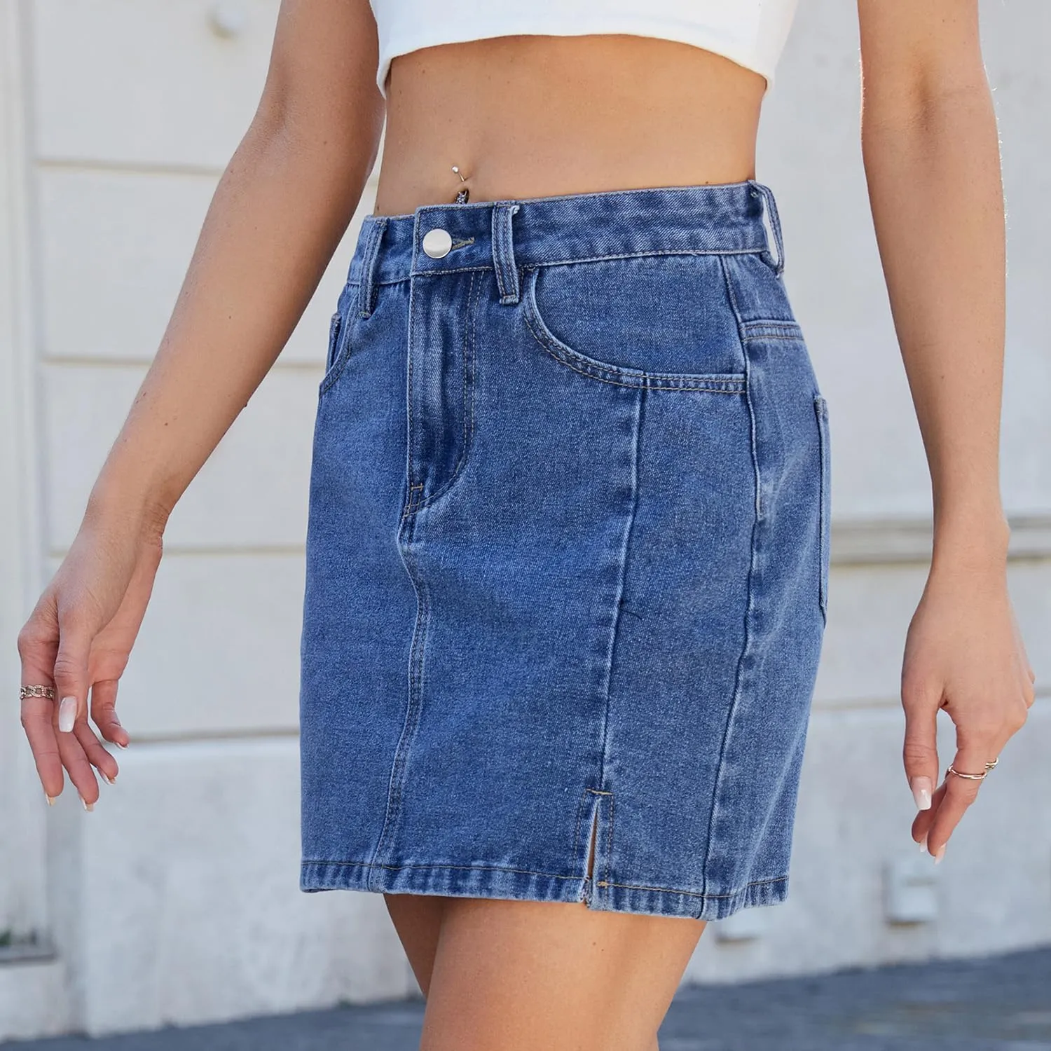 Women's Jean Skirt Summer High Waisted Slit Mini Skirt Y2K Trendy Denim Skorts Skirts with Pockets