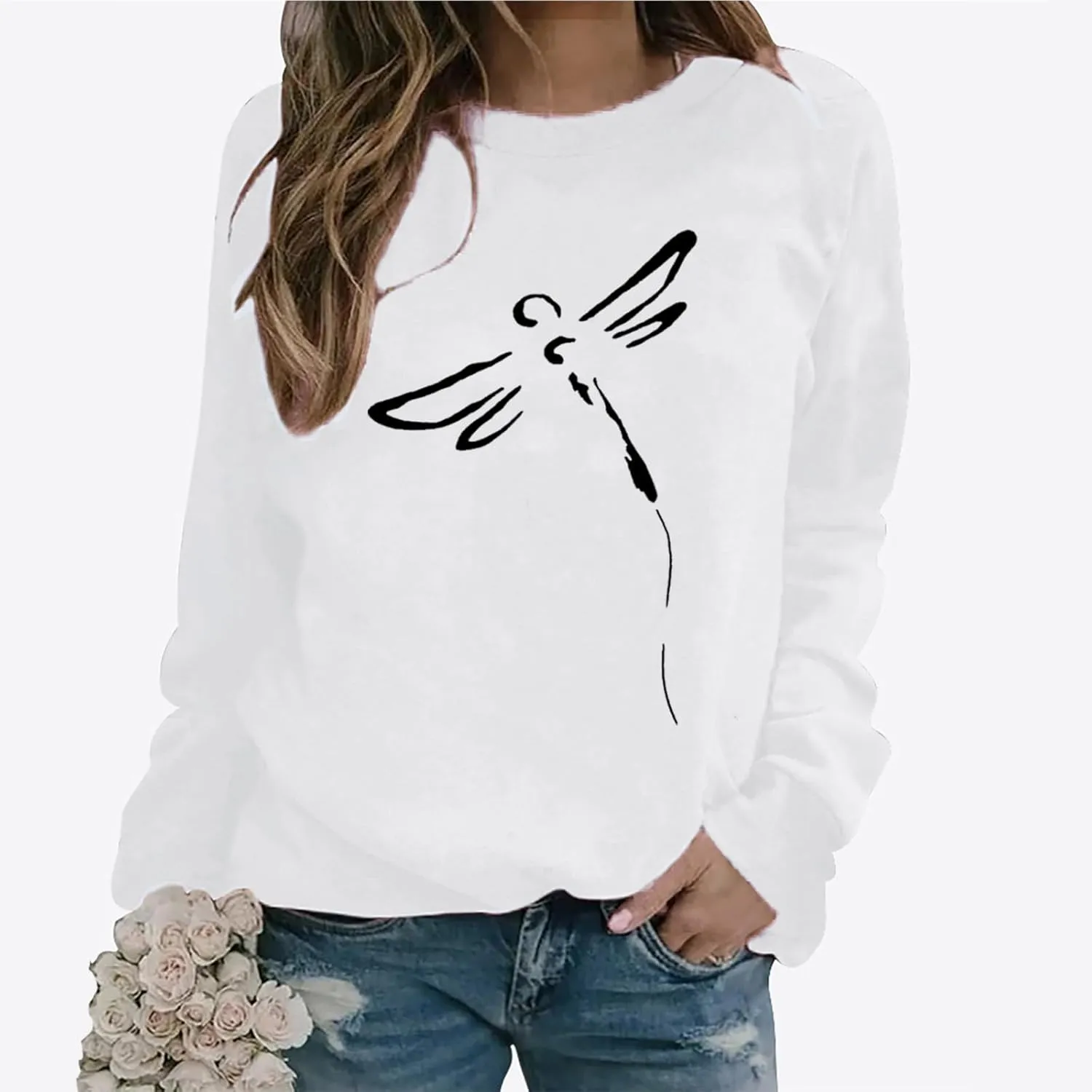 Women's Long Sleeve Pullover 2024 Fall Casual Comfy Loose Shirts Trendy Dragonfly Pattern Print Round Neck Sweatshirt