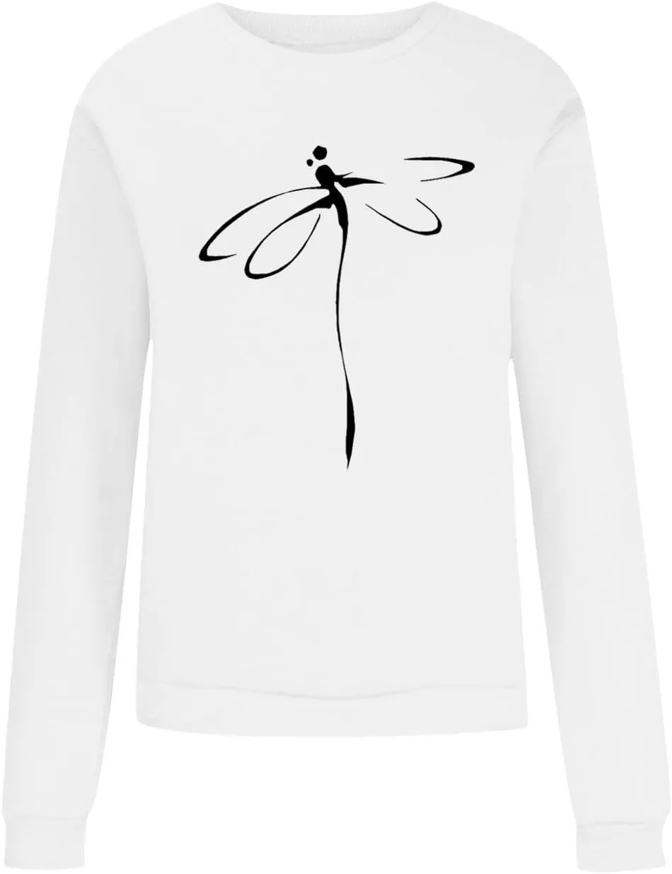 Women's Long Sleeve Pullover 2024 Fall Casual Comfy Loose Shirts Trendy Dragonfly Pattern Print Round Neck Sweatshirt