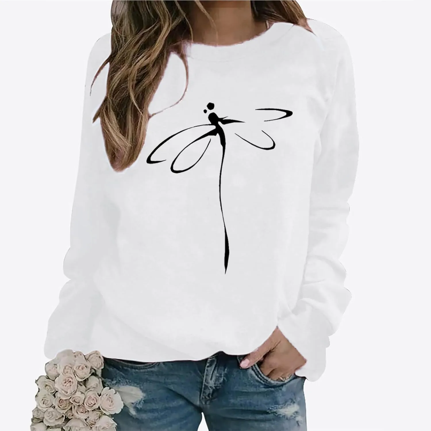 Women's Long Sleeve Pullover 2024 Fall Casual Comfy Loose Shirts Trendy Dragonfly Pattern Print Round Neck Sweatshirt