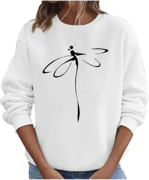 Women's Long Sleeve Pullover 2024 Fall Casual Comfy Loose Shirts Trendy Dragonfly Pattern Print Round Neck Sweatshirt