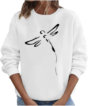Women's Long Sleeve Pullover 2024 Fall Casual Comfy Loose Shirts Trendy Dragonfly Pattern Print Round Neck Sweatshirt