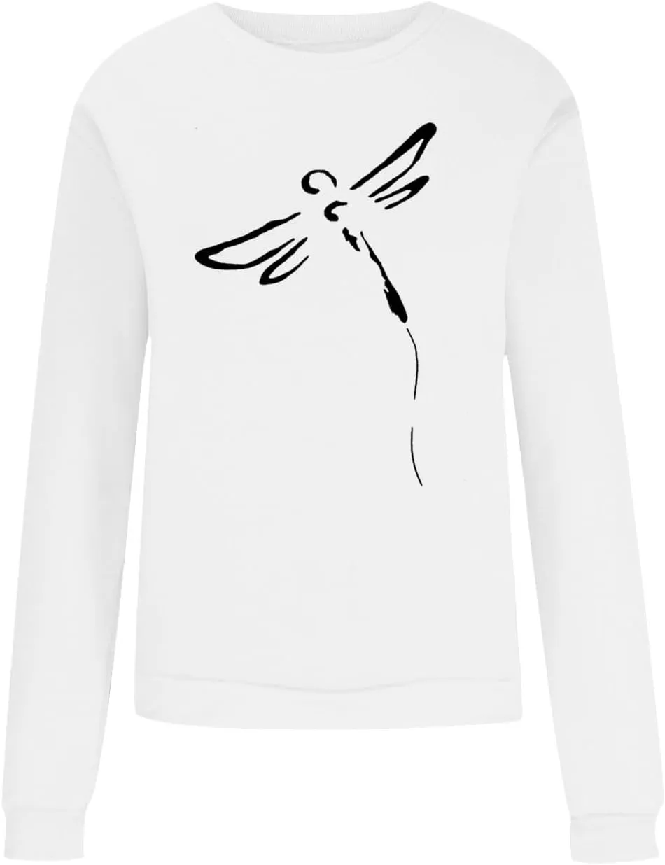 Women's Long Sleeve Pullover 2024 Fall Casual Comfy Loose Shirts Trendy Dragonfly Pattern Print Round Neck Sweatshirt