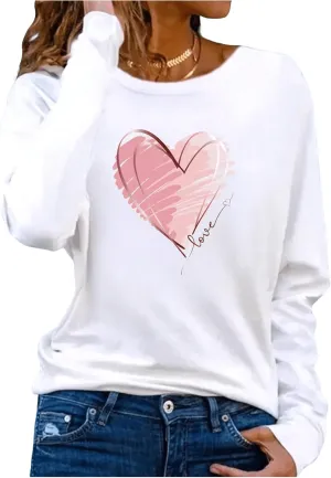 Women's Long Sleeve T Shirt Heart Print Crewneck Drop Shoulder Pullover Tops Vintage Tees