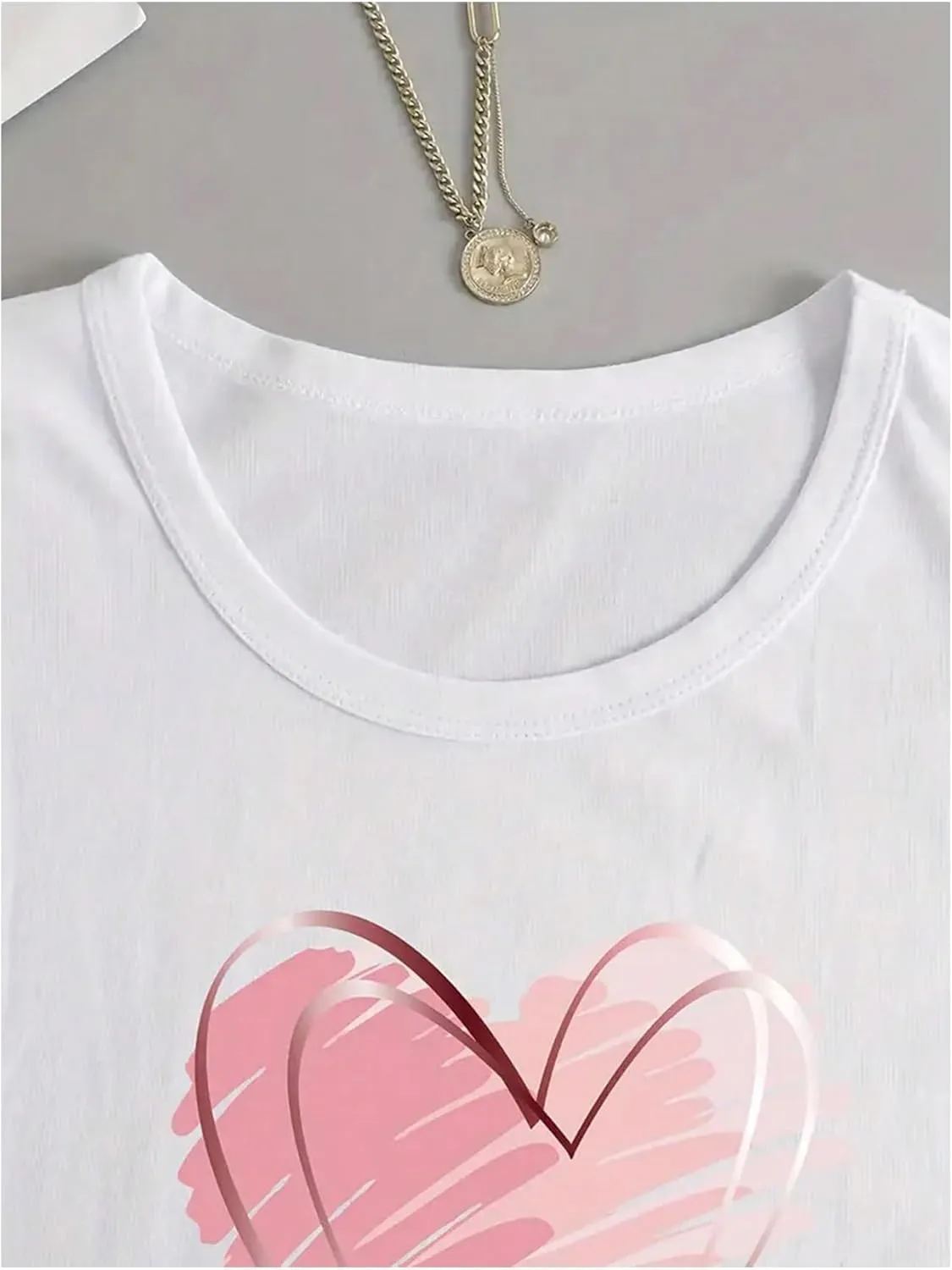 Women's Long Sleeve T Shirt Heart Print Crewneck Drop Shoulder Pullover Tops Vintage Tees