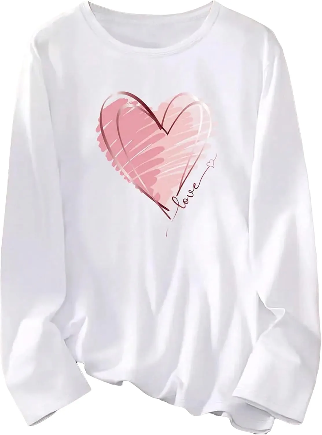 Women's Long Sleeve T Shirt Heart Print Crewneck Drop Shoulder Pullover Tops Vintage Tees