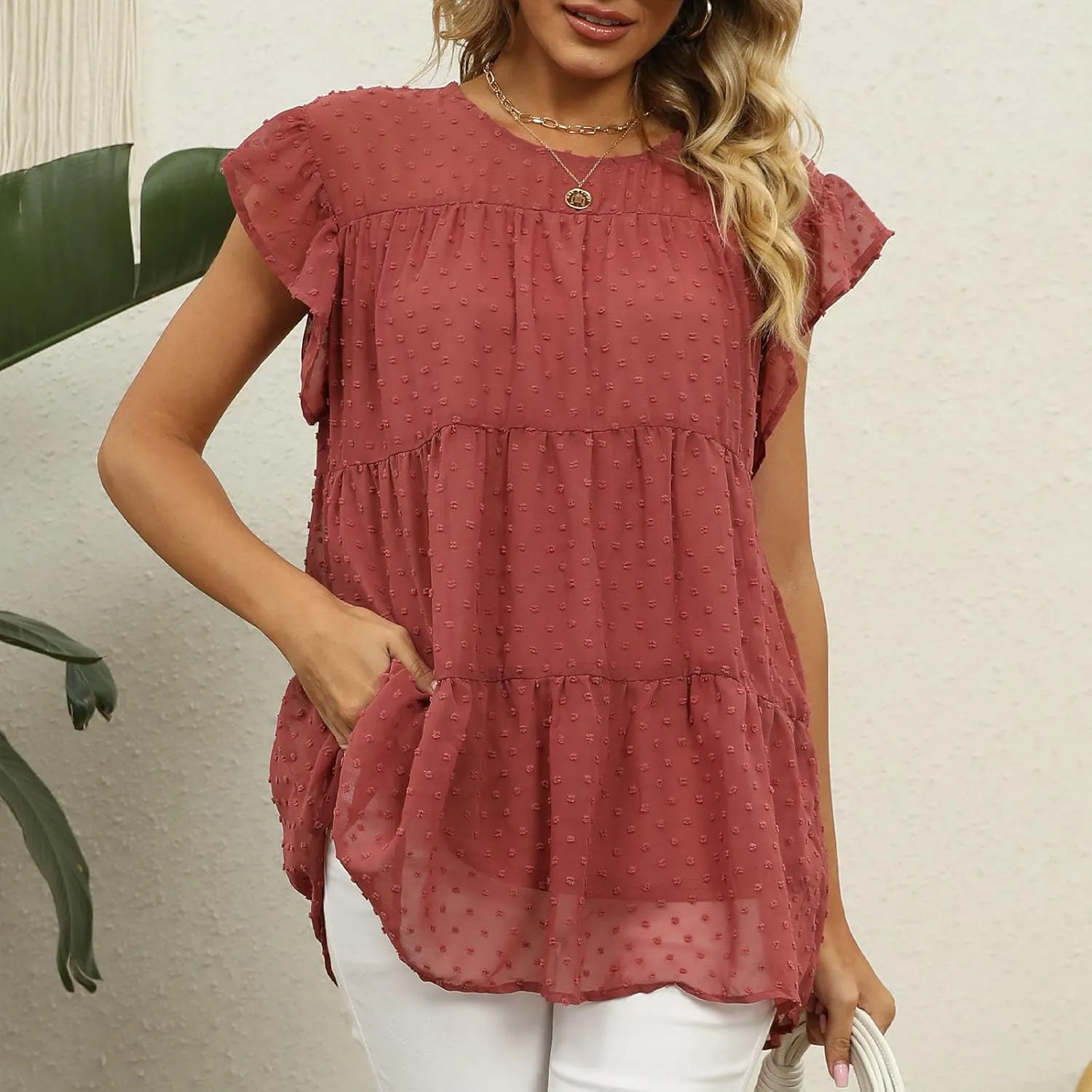 Womens Short Sleeve Ruffle Sleeve T Shirts Crewneck Plain Basic Tees Girls Trendy Casual Dressy Summer Tops