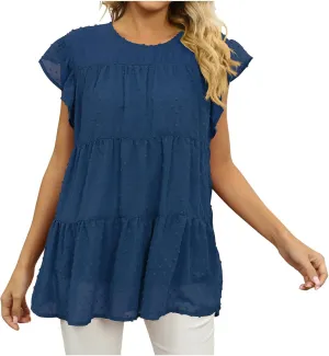 Womens Short Sleeve Ruffle Sleeve T Shirts Crewneck Plain Basic Tees Girls Trendy Casual Dressy Summer Tops