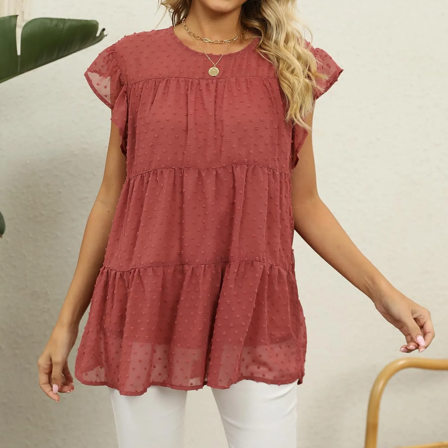 Womens Short Sleeve Ruffle Sleeve T Shirts Crewneck Plain Basic Tees Girls Trendy Casual Dressy Summer Tops