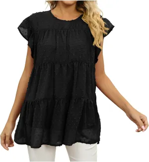 Womens Short Sleeve Ruffle Sleeve T Shirts Crewneck Plain Basic Tees Girls Trendy Casual Dressy Summer Tops