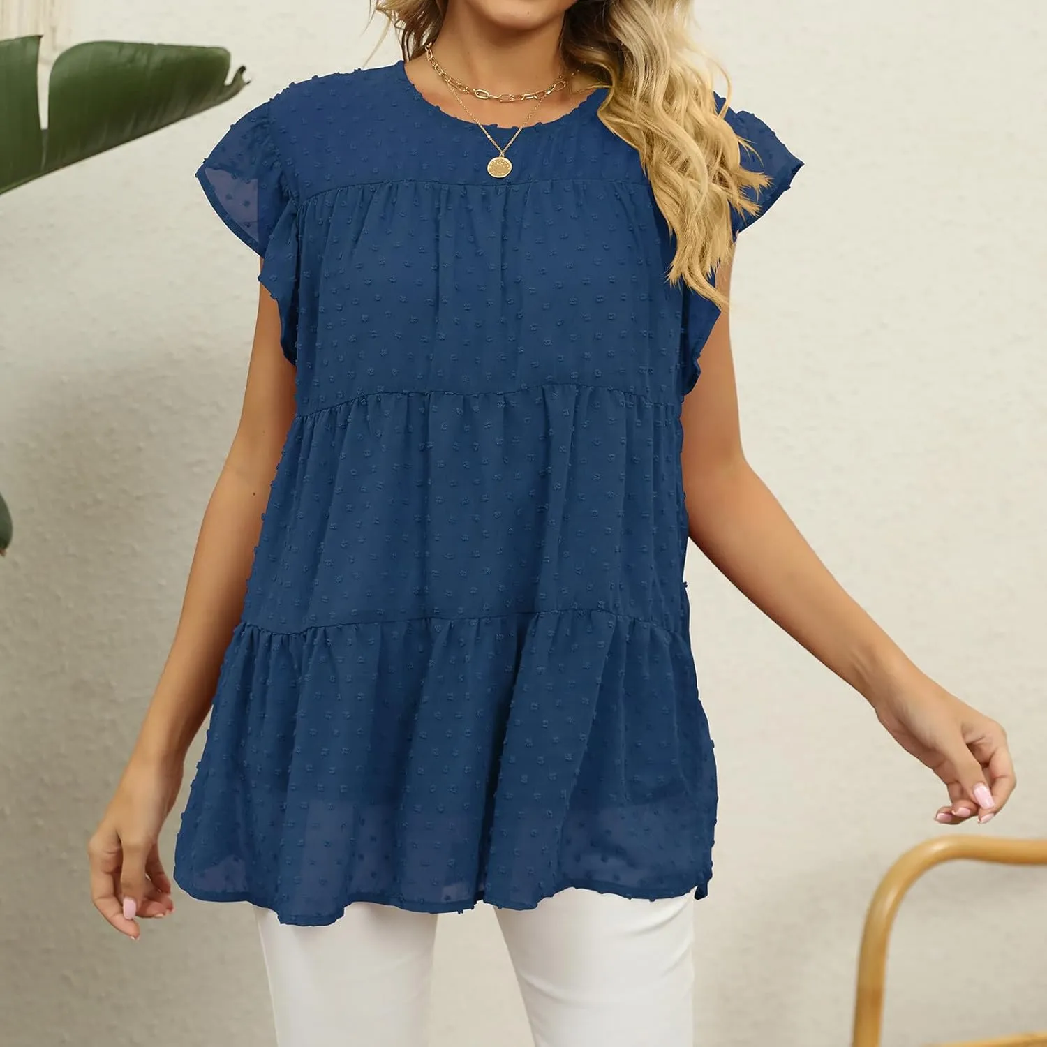 Womens Short Sleeve Ruffle Sleeve T Shirts Crewneck Plain Basic Tees Girls Trendy Casual Dressy Summer Tops
