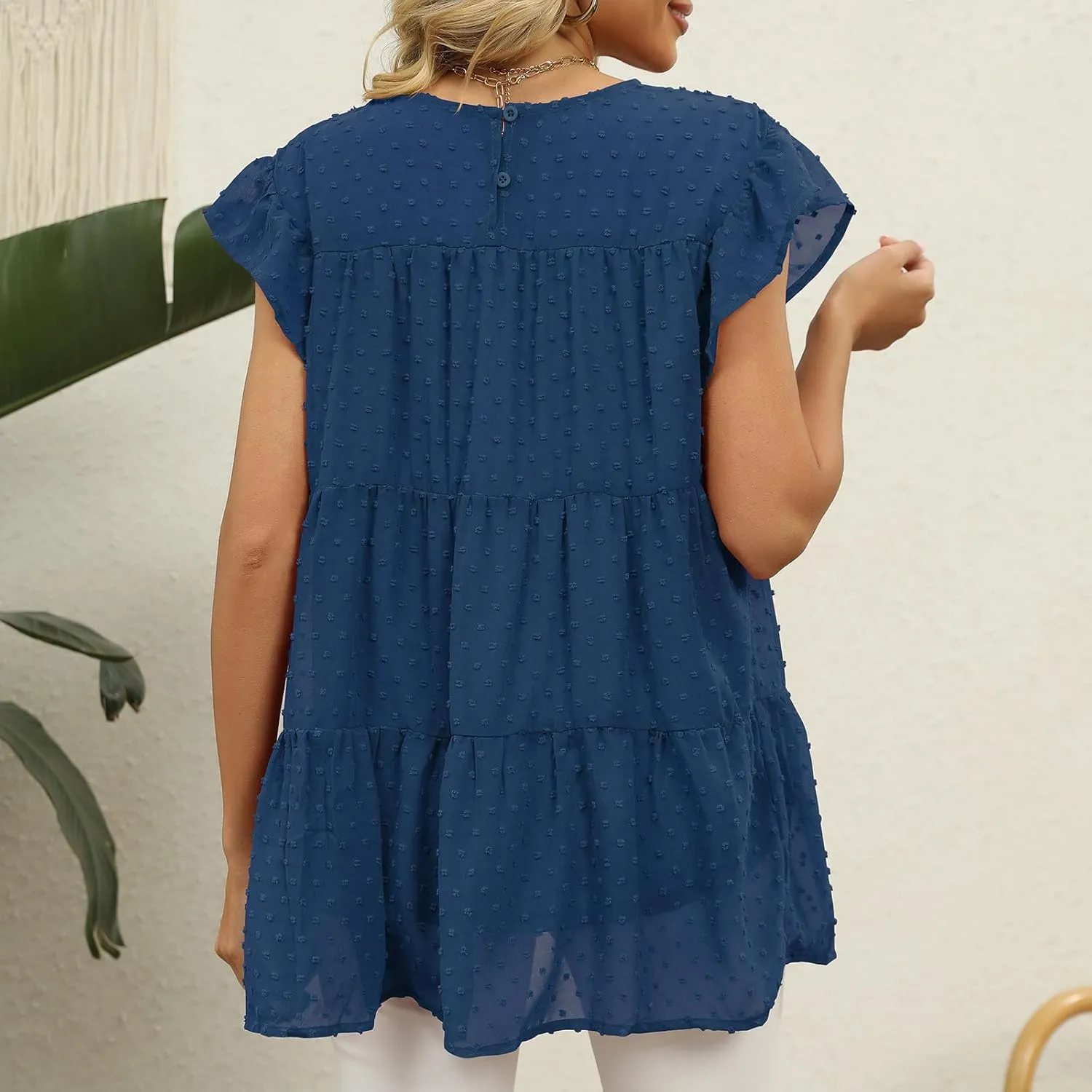 Womens Short Sleeve Ruffle Sleeve T Shirts Crewneck Plain Basic Tees Girls Trendy Casual Dressy Summer Tops