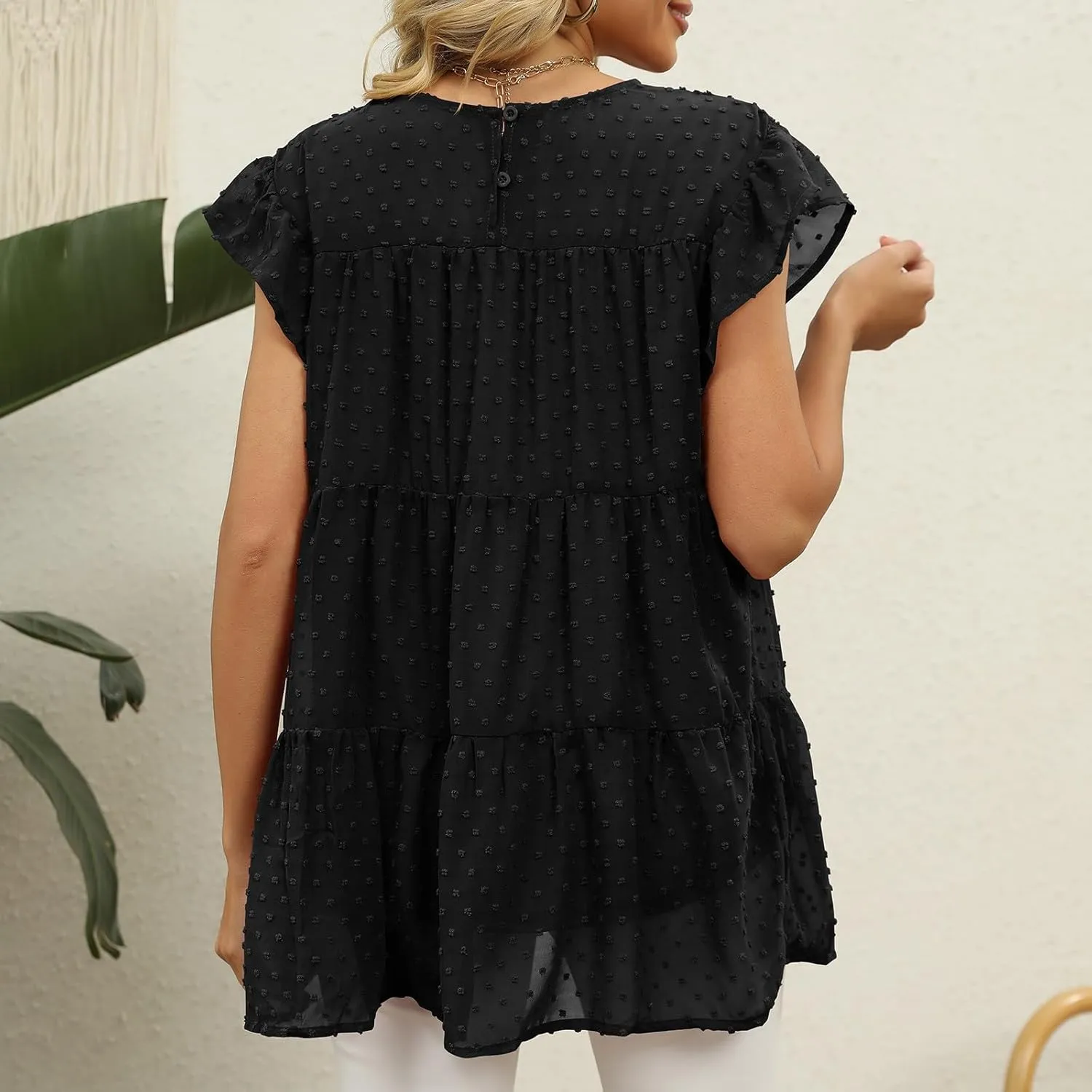 Womens Short Sleeve Ruffle Sleeve T Shirts Crewneck Plain Basic Tees Girls Trendy Casual Dressy Summer Tops
