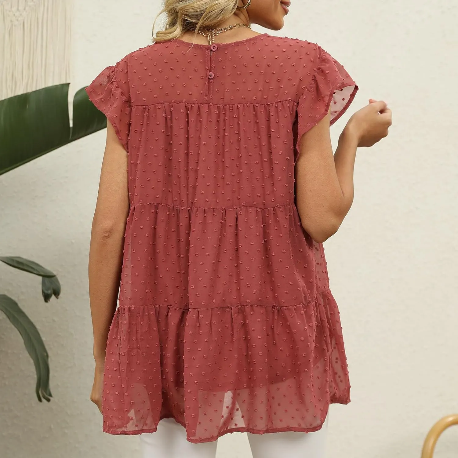 Womens Short Sleeve Ruffle Sleeve T Shirts Crewneck Plain Basic Tees Girls Trendy Casual Dressy Summer Tops