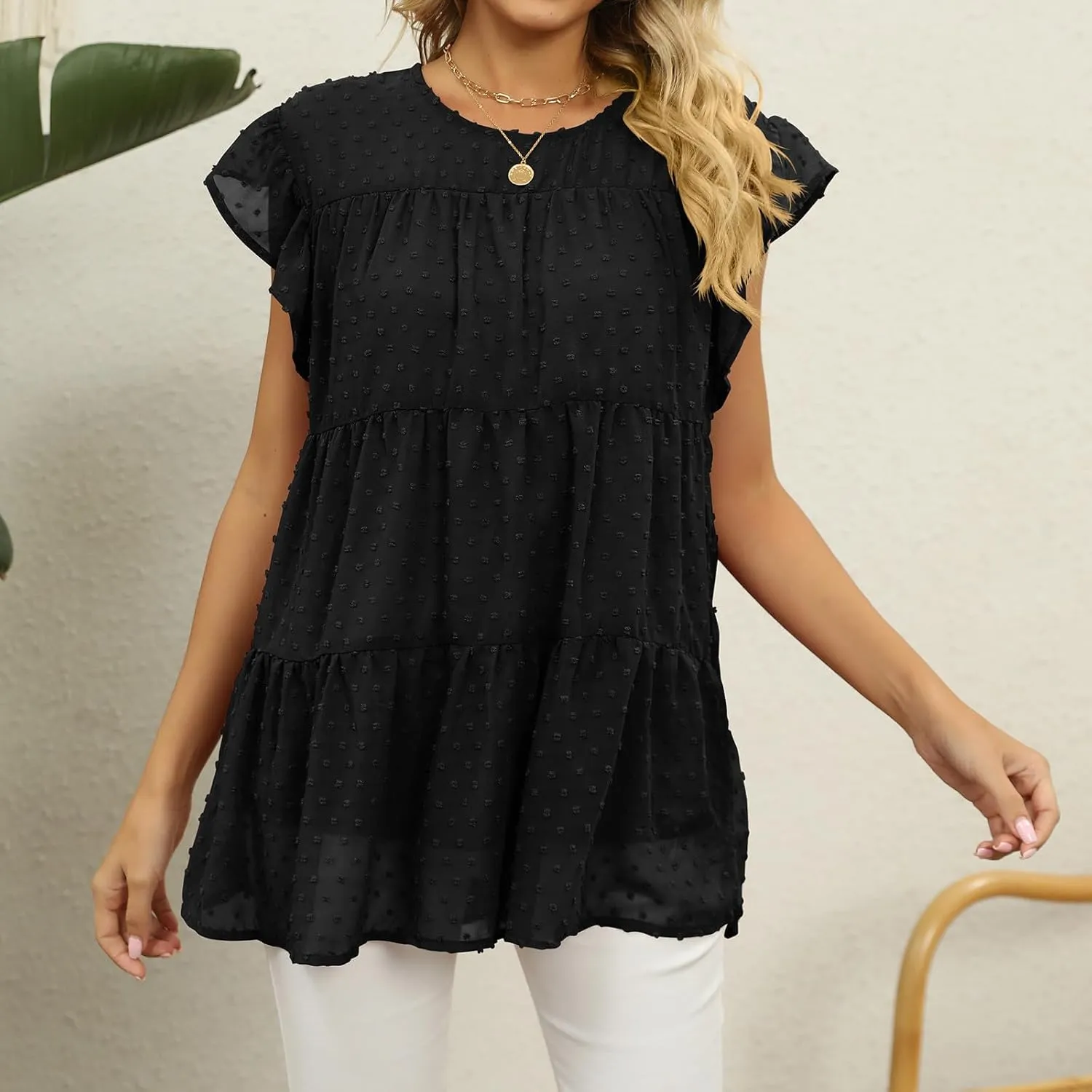 Womens Short Sleeve Ruffle Sleeve T Shirts Crewneck Plain Basic Tees Girls Trendy Casual Dressy Summer Tops
